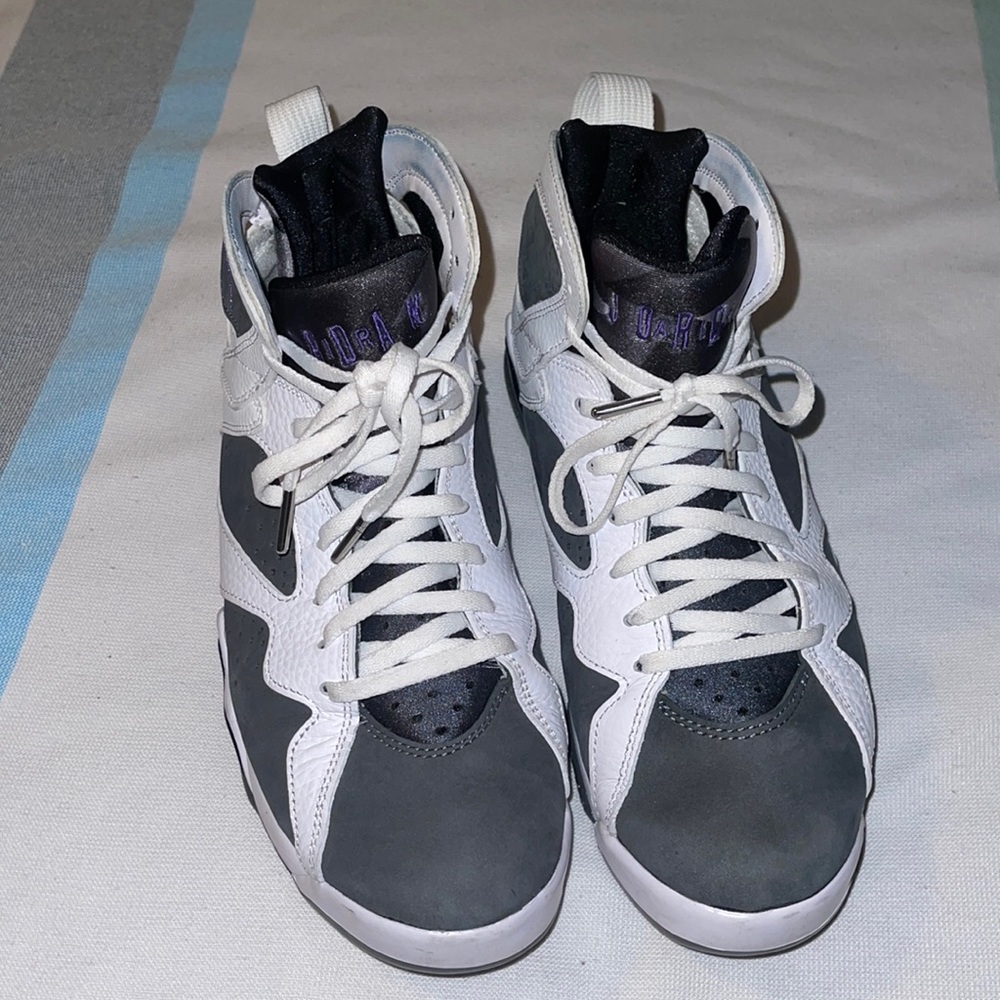 Jordans; size 8; purple, gray, and white.